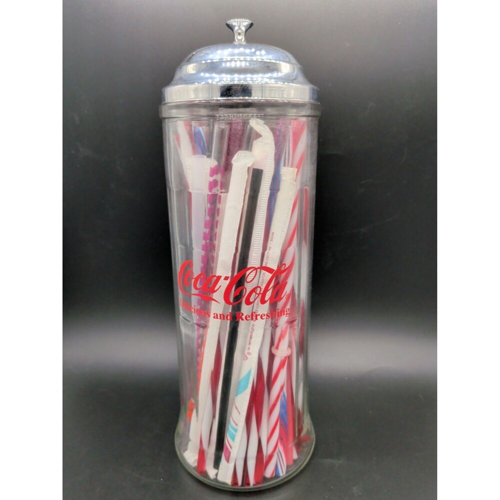Coca-Cola TableCraft Straw Holder 11" Glass Metal Lid